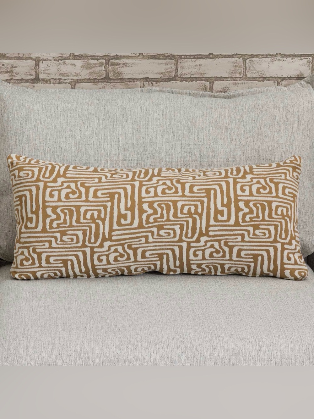 Tan Cream Labyrinth Lumbar Pillow Woven Maze Textured Decorative Throw 35x15”